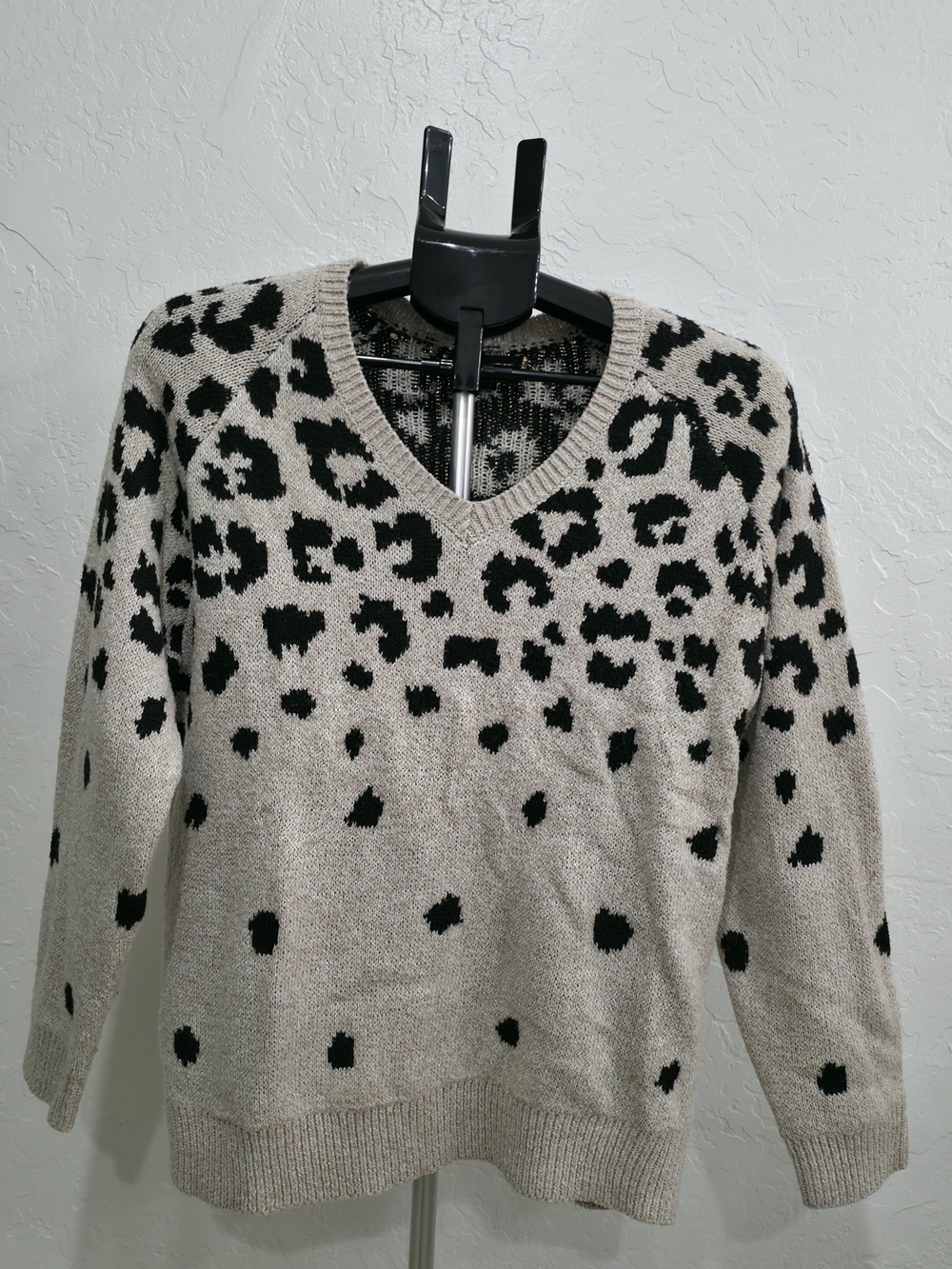 Love Tree Beige and Black Leopard V-Neck Sweater